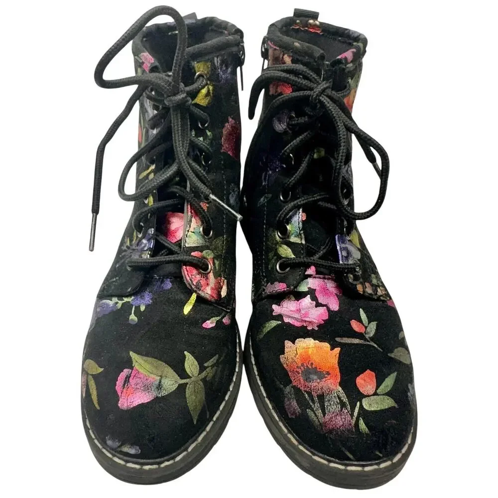 Steve Madden Betty Black Pink‎ Floral Soft Velvet Lace Up Combat Boots Girls 4